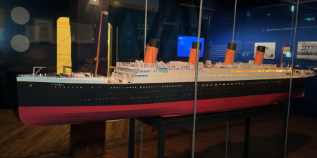 A large scale model of the titanic on display at Walsh Bay Arts Precinct,
